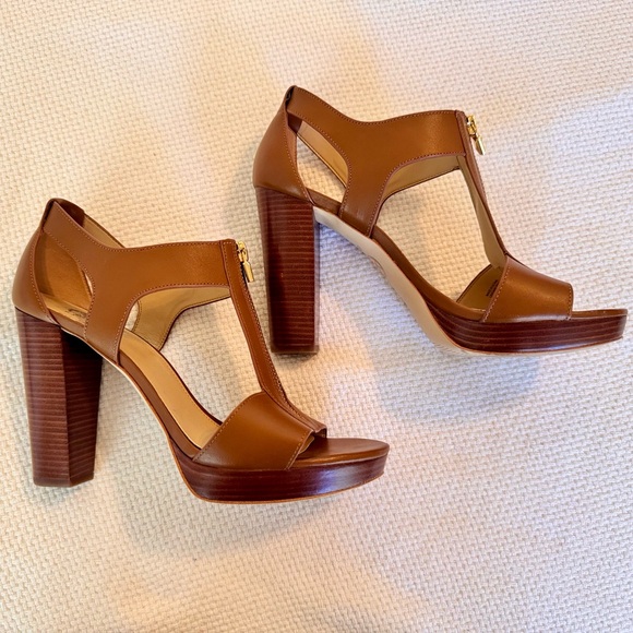 MICHAEL KORS Berkley Tan Leather Block Heel Sandals Platform Heels Shoes - Picture 6 of 15